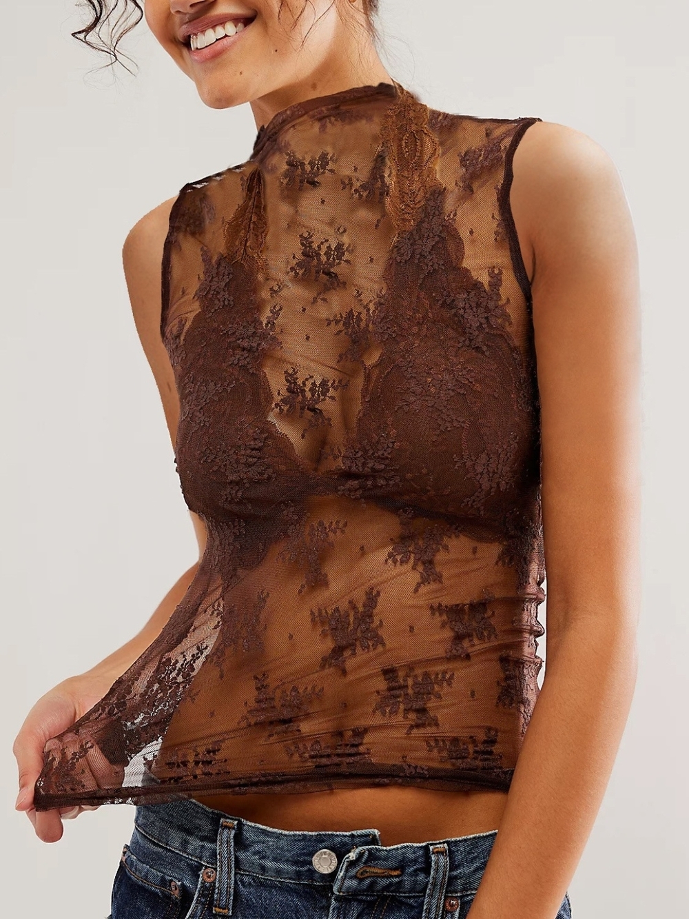 Floral Sheer Brown Lace Mock Neck Tank Top - Picture 3 of 5